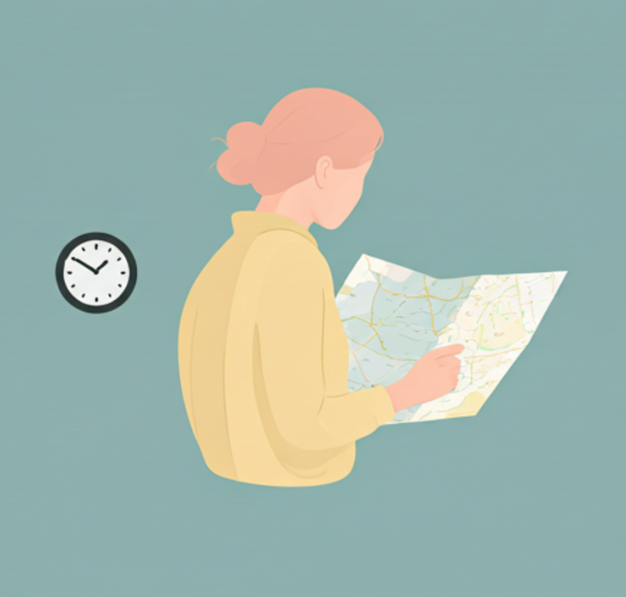 Young woman thoughtfully holding a map and compass