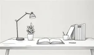Neat desk with stacked books and a potted plant