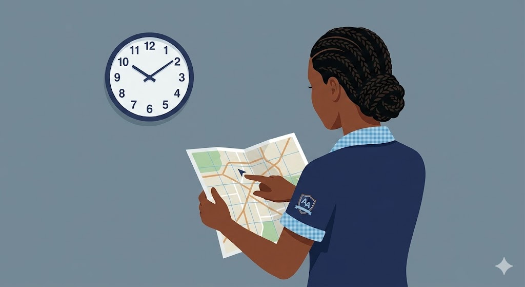 Young woman thoughtfully holding a map and compass